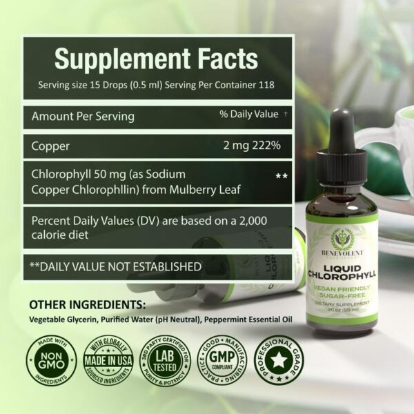 Liquid Chlorophyll Drops for Blood Health & Antioxidant Support | Alcohol-Free, Gluten-Free Supplement for Immune Boost, Skin Health & Body Odor Control – 2 fl oz (59mL) - 图片 3