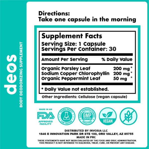 DEOS Internal Deodorant Supplement – Full Body Deodorizer for Gut Health, Skin Health, Detox & Digestion Support – Natural Odor Control Chlorophyll Pills for Head-to-Toe Freshness | 30 Capsules - 图片 9