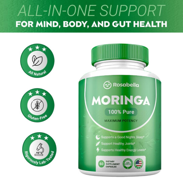 Rosabella Moringa 100% Pure – Maximum Potency| Supports Sleep, Joints, and Energy Levels| 60 Capsules
