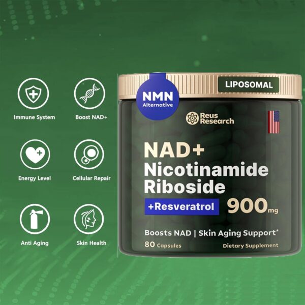 NAD+ Supplement 80 Capsules- 900mg Nicotinamide Riboside & Resveratrol - High-Purity Formula for Anti-Aging, Energy, and Focus