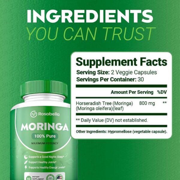Rosabella Moringa 100% Pure – Maximum Potency| Supports Sleep, Joints, and Energy Levels| 60 Capsules - 图片 7